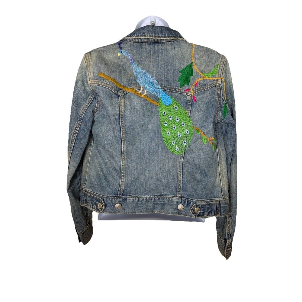 GAP EMBROIDERED PEACOCK BLUE JEAN DENIM JACKET Sz XS Rare Y2K  2010
